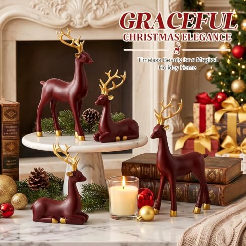 Thyle 4 Pcs Christmas Reindeer Decor Indoor Claret Resin Deer Figurine