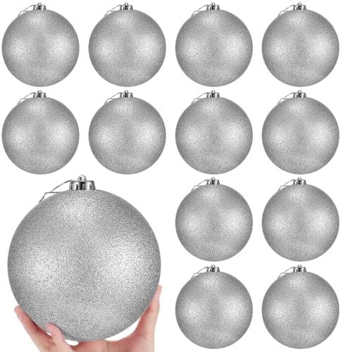 Poen 12 Pcs 6 Inch Large Glitter Christmas Ball Ornament, Silver