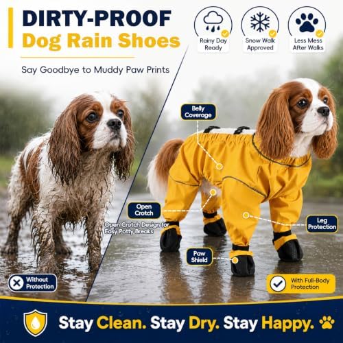 Waterproof Dog Boots Rain Boots with Suspender, Dogs Shoes Paw Protector for Small Medium Puppy, Anti-Slip Doggy Boot Belly Protector, Rain Booties Snow Pants Dogs Suspender Booties Legging(L,YELLOWG)