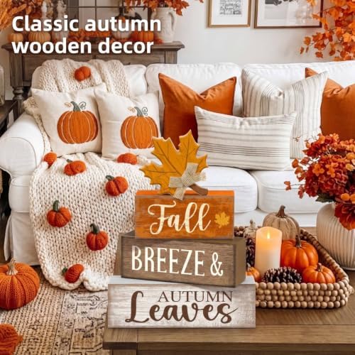 Lineshading 4 Pcs Wooden Fall Block Signs Farmhouse Tabletop Decor