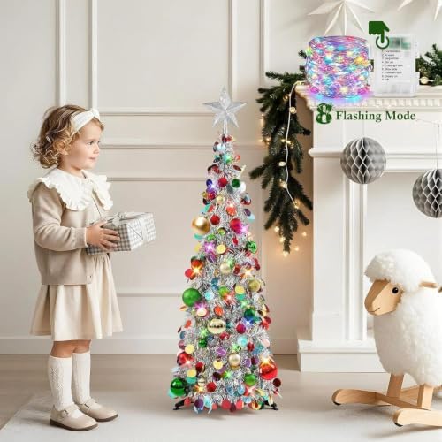 N&T NIETING Pop Up Christmas Tree with Lights & Ornaments, 3FT, Silver