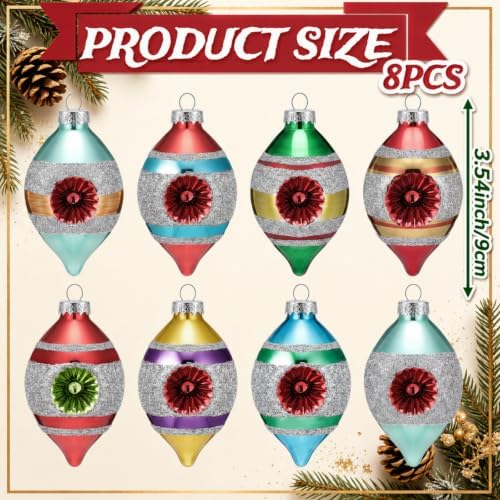 Soulchen 8pcs Retro Christmas Glass Finial Ornament with Reflector for Tree