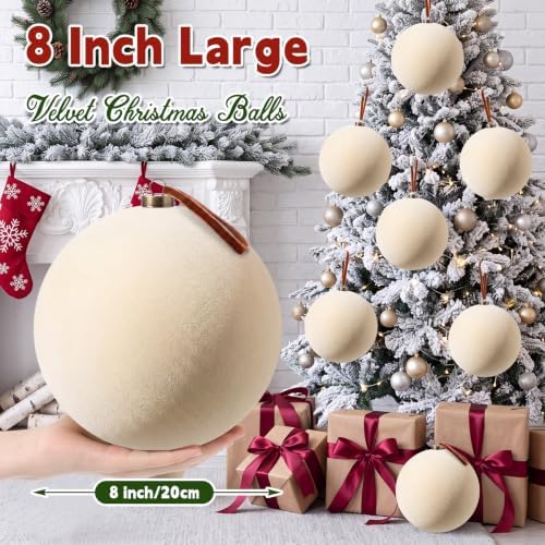 Weysat 6 Pcs 8 Inch Giant Velvet Christmas Ball Ornaments, Cream White