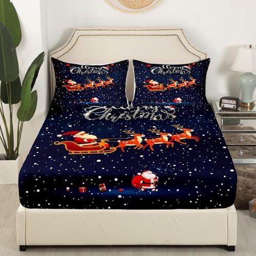Bed Sheets Kids Boys Sled Car Sheet Set 3 Pcs Child Santa Claus and Elk Sheets Set + Deep Pocket Fitted Sheets + Snowing Flat Sheet 1 Pillow Sham,Twin Size