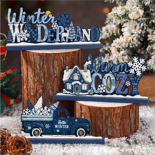 3Pcs Christmas Table Decorations, Blue Christmas Decor Indoor