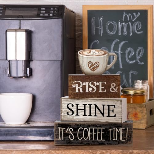 Moucuny 4 Pcs Farmhouse Coffee Bar Sign Decor Wooden It's Coffee Time Sign