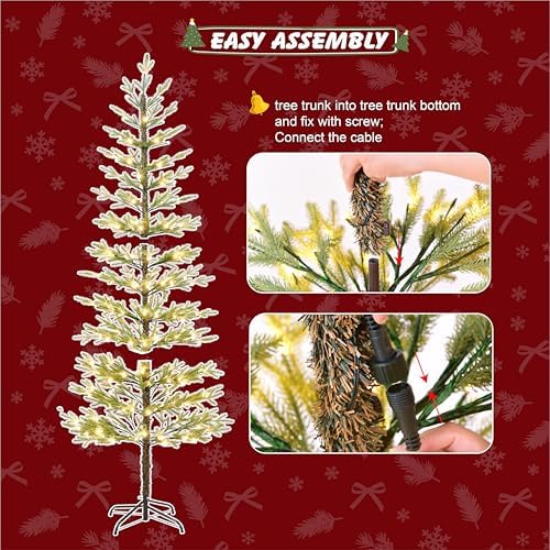 Lightshare 7.5FT 180L Warm White Evergreen Pine Needle Tree, Pencil Christmas Tree Lighted Pyramid Design with Ornaments, Remote Control & Dimmable, Artificial Christmas Holiday Decoration