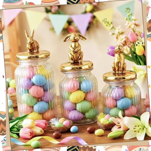 Mimorou 3 Set Easter Cookie Jar with Ceramic Bunny Lid 44oz 33oz 22oz Glass Candy Jar Food Storage Canister with Airtight Gold Lid for Easter Party Spring Tea Table Decoration