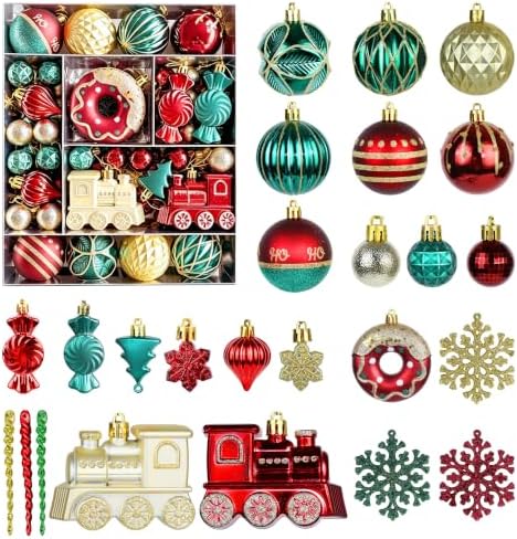82PCS Christmas Ornaments Set Red Green and Golden Christmas Tree Decorations PVC Holiday Ornaments for Xmas Tree Festive Party Decor Supplies