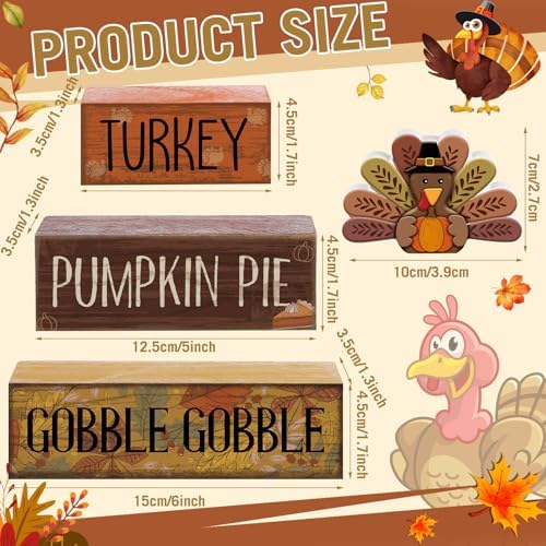 Lineshading 4 Pcs Thanksgiving Table Decoration, Turkey Wooden Block Signs