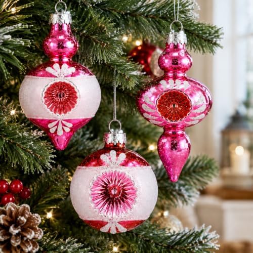 Soulchen 10 Pcs Vintage Glass Christmas Ornaments, Assorted, Pink