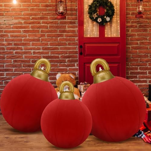 Jenaai 3 Pcs Giant Velvet Christmas Inflatable Ball Ornament 24" 20" 18"