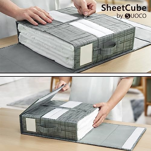 SUOCO SheetCube Bed Sheet Organizers and Storage 8 Pack, Foldable Linen Closet Organizer with Window and Label, Bedding Storage Box Container for, Duvet Cover Set, Bed Sheet Set - Pattern Grey