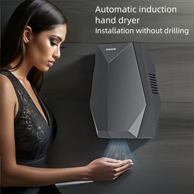 1600W Powerful Hand Dryer, Wall-Mounted Quiet Bathroom Dryer with No-Drill Installation, Compact Automatic Sensor Dryer for Home, Kitchen, Hotel(Black and White) (Black)