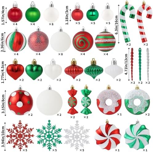 105Ct Red Green and White Christmas Ornaments Set Shatterproof Candy Cane Theme Decorations for Xmas Tree, Donut Polka Dot Assorted Ornaments for Holiday Family Decor (Red Green White)