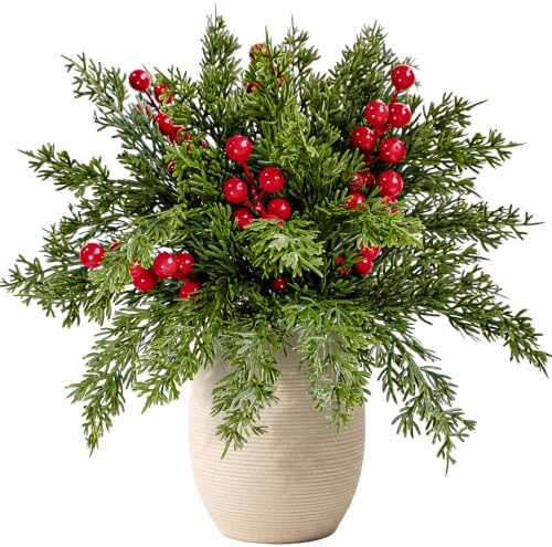 30Pcs Christmas Artificial Pine Branches with Red Berry Stems