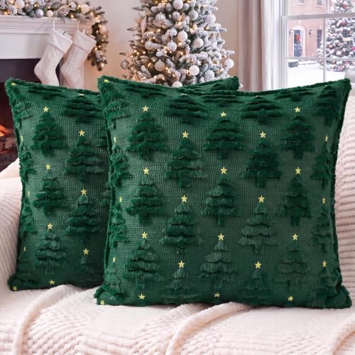 Softalker Christmas Pillow Covers 18x18 Set of 2, Green Xmas Tree Decor