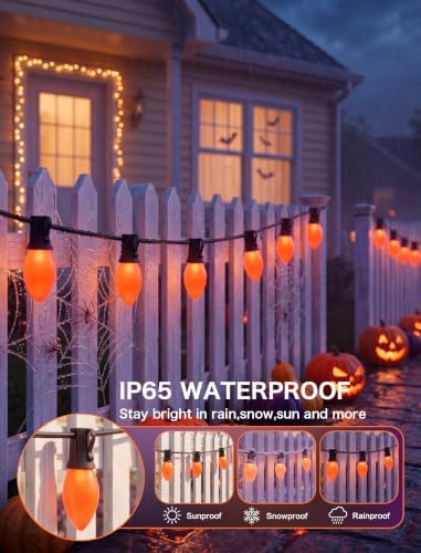 SUNSGNE C9 LED Halloween Orange String Lights 25FT Outdoor String Lights with 27 0.6W LED Plastic Bulbs(2 Spare) for Patio Garden Roofline Backyard Decorations, Black Wire