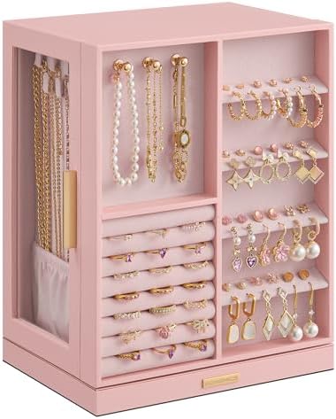 SONGMICS Jewelry Box Organizer, 360° Rotating, 5 Drawers, Jelly Pink