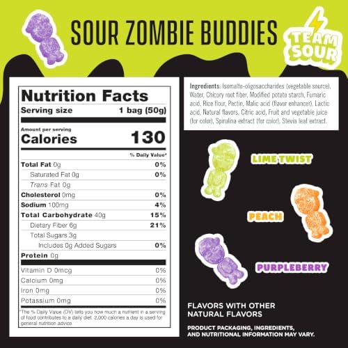 SmartSweets Sour Zombie Buddies Low Sugar Gummy Candy, Healthy Snacks for Kids and Adults, Halloween Treat, 50g bags, Pack of 14