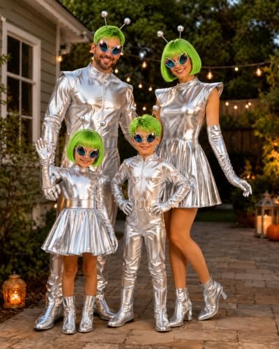 Silver Metallic Dress Holographic with Gloves Alien Headband with Glasses for Party Cosplay