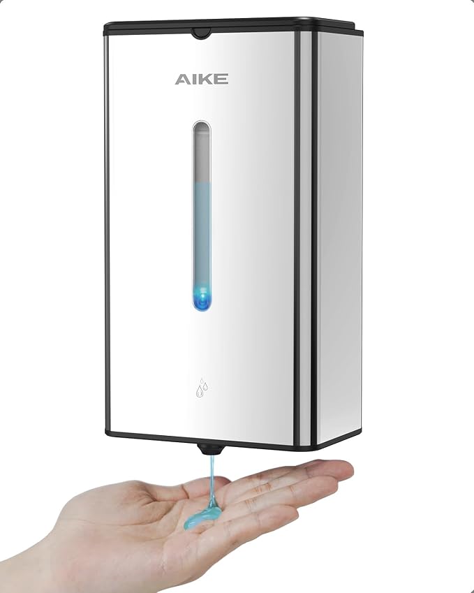 AIKE Heavy Duty Automatic Soap Dispenser,33.8oz for Bathroom,Polished Steel | 5-Level and Savety Key for Commercial(4*AA Batteries Not Included),Screw Wall Mount for Space-Saving,Stainless Steel AK1207