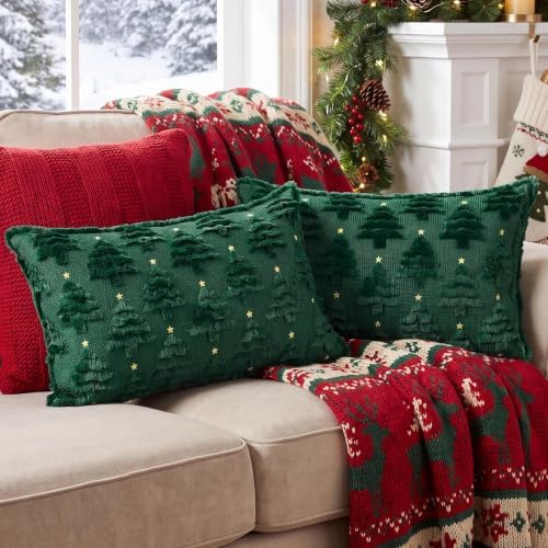 Softalker Christmas Pillow Covers 12x20 Set of 2, Green Lumbar Pillows