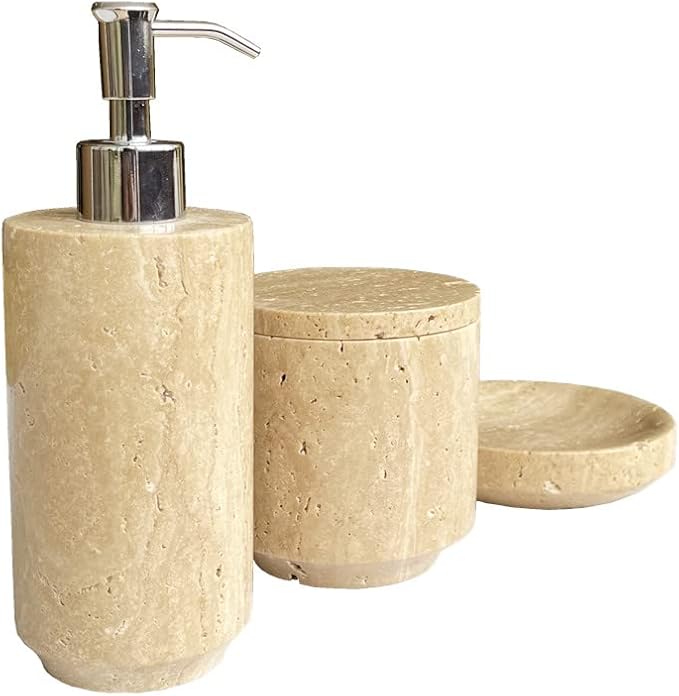 Natural Beige Travertine Refillable Bathroom Liquid Dispenser, Lotions Soap Container (Beige Travertine) (Beige Travertine)