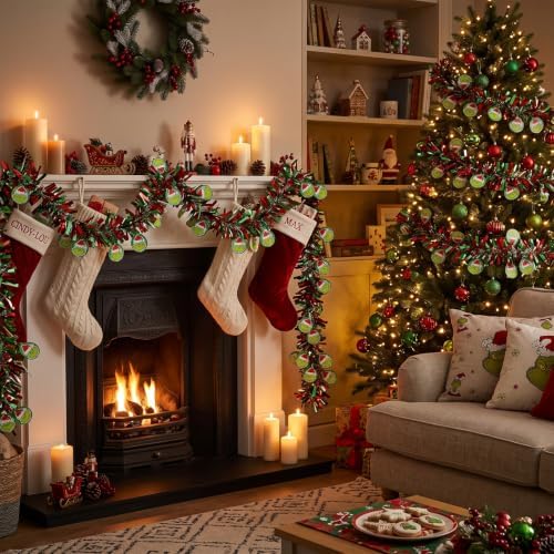 50 Feet Red Green Christmas Tinsel Garland, Metallic Foil Hanging Garland with Cartoon Character Cutouts, Xmas Decor for Fireplace Mantel Tree Railing Wall Holiday Party Decorations