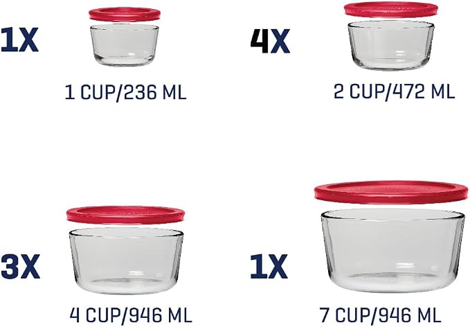 Anchor Hocking 18 Piece Glass Storage Containers with Lids (9 Glass Food Storage Containers & 9 Red SnugFit Lids)