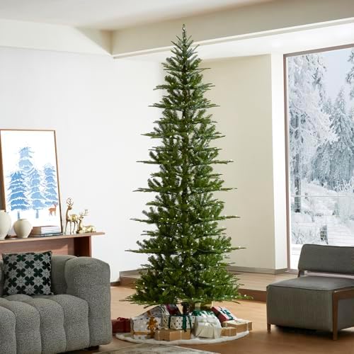 Glitzhome 9ft Prelit Christmas Tree, Cascade Evergreen Slim Fir Artificial Christmas Tree with 500 Strawberry Lights,1468 PE&PVC Branch Tips, 9 Functional Warm White/Multi-Color, Remote Controller