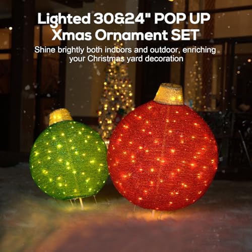 Hykolity 2 Pack 30" & 24" Pop-Up Iron Christmas Ornament Set, 230 Warm White LEDs with UL Transformer, 8 Light Functions & 18H Timer, Red & Green