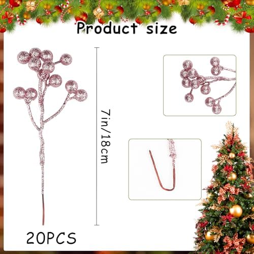 Fangoo 20 Pack 7 Inch Artificial Pink Berry Stems for Christmas Tree