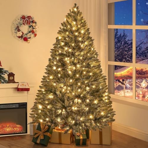 Naomi Home Prague 6.5ft Prelit Artificial Christmas Tree with Foot Pedal, 1197 Branch Tips, 450 Warm Lights and Metal Stand, 49" Wide Realistic Spruce Christmas Tree with Lights