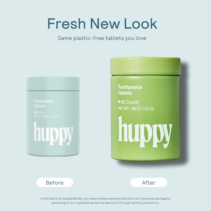 Huppy Toothpaste Tablets, Nano Hydroxyapatite, Fluoride Free and Plastic Free, Natural Whitening, Remineralizing, SLS Free, Travel Friendly Chewable Tabs, Peppermint Flavor, 62 Count (1 Month Supply)