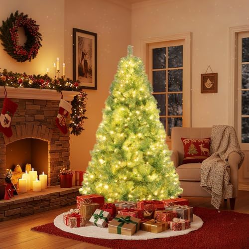HAPPYGRILL 6 FT Pre-lit Tinsel Christmas Tree Artificial Xmas Tree with 250 LED Lights, 8 Modes, 688 Fruit Green Branch Tips, Folding Metal Stand, Seasonal Holiday Tree for Home Office Party
