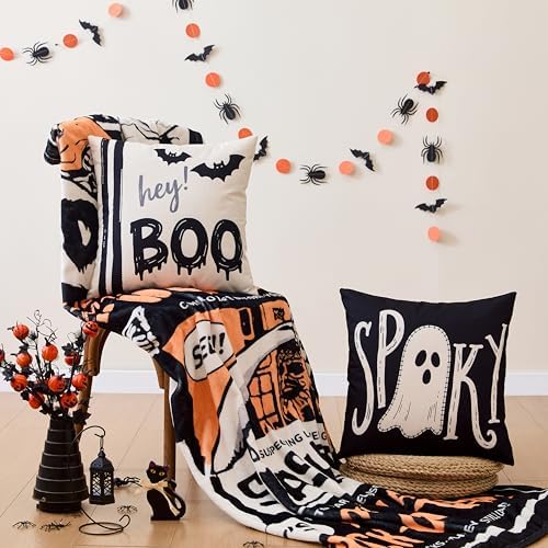 Halloween Decor Pillow Covers 18x18 Inch,Set of 4 Halloween Decorations Outdoor Indoor Throw Pillow Covers, Hey Boo Cute Spooky Ghost Black Striped Linen Cushion Case for Home Sofa Couch Bed Chair