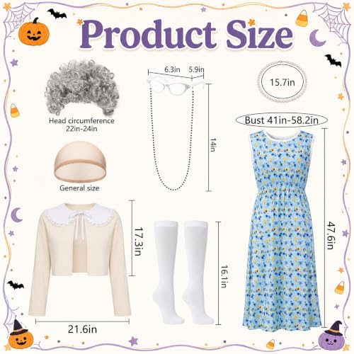 Halloween Old Lady Costume Set with Nightgown Grandma Dress and Coat