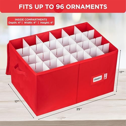 Christmas Ornament Storage Container with Dividers - Box Stores Up to 96 Ornaments, Zippered, Convenient, Adjustable, Large Organizer Bin to Protect Holiday Décor, Fits Most Standard Size, Red