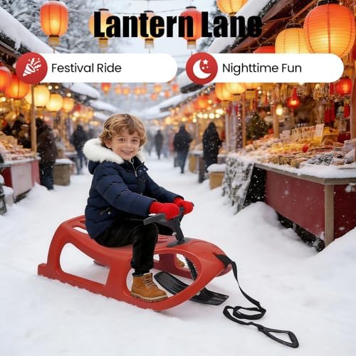 Childrens Snow Sled with Steering Wheel, Single Rider Outdoor Winter Sleigh for Toddlers Kids, Includes Pull Rope, Durable Blow Molded Construction, Red