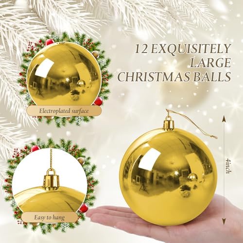 Jenaai 12 Pcs Large Gold Christmas Ball Ornaments, 4 Inch Big Oversized Shatterproof Christmas Tree Decorations Matte Glitter Giant Jumbo Plastic Hanging Baubles for Xmas Holiday Party Indoor Outdoor