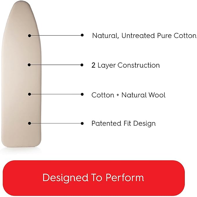TIVIT Ironing Board Cover 15 x 48 Standard Chemical Free Eco-Friendly Padded Covers - Unbleached, Untreated Natural Cotton & Wool Pad - 2 Layer, 3 Fastener Straps, Pull Bungee Cord - Made in Italy