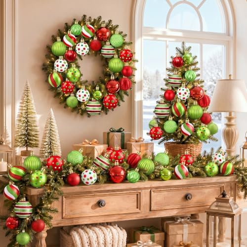 Lunmon 64 Pcs Christmas Ball Ornaments Red Lime Green White Xmas Ornaments 1.6/1.97/2.4 Inch Polka Dots Stripes Peppermint Candy Cane Baubles Modern Shatterproof Christmas Decorations for Tree Home