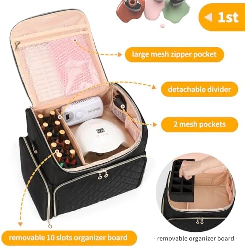Extra Large Nail Polish Organizer Case Holds 86 to 100+ Bottles Organizer & Nail Lamp, Supply Storage Carrying Bag with 2 Removeable Pouches, Portable Nail Tech Travel Box (Black, 86 Slots)
