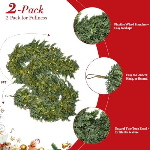 2Pcs 9FT Christmas Garland with Lights, Real Touch Cedar Garland