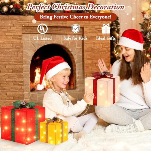 Brightever 3 Pieces Large Gift Boxes for Christmas Decorations Outdoor, 10" 8" 6" with Pre-lit 70 LED Mini String Lights, Plug-in Warm White Present Boxes with Glitter for Christmas Wedding Party