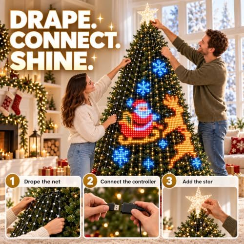 Animated Pixel Christmas Tree Lights with Star Topper & Remote