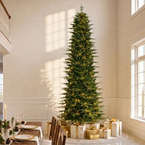 Glitzhome 11ft Prelit Christmas Tree, Realistic Pencil Artificial Christmas Tree with 4,205 Tips, Radiant Slim Evergreen with 2,700 Warm White & Multi-Color Chasing and Twinkling Lights, Easy Assembly