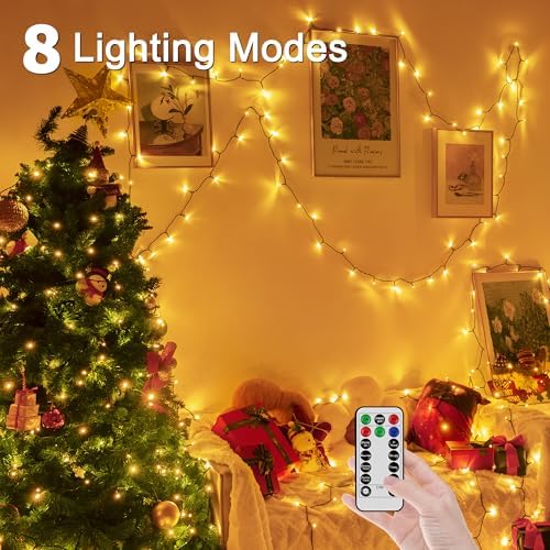 Christmas Lights Outdoor, Christmas Tree Lights Plug in, 8 Modes Twinkle String Light for Bedroom Wedding Party Ceiling Xmas Home Decorations 300 LED(Warm White 98 FT)