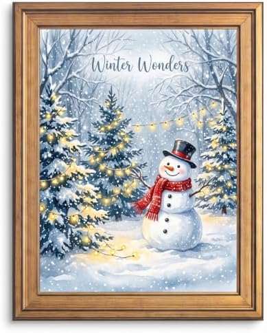 Framed Snowman Canvas Wall Art Gold Frame Inch 12x16